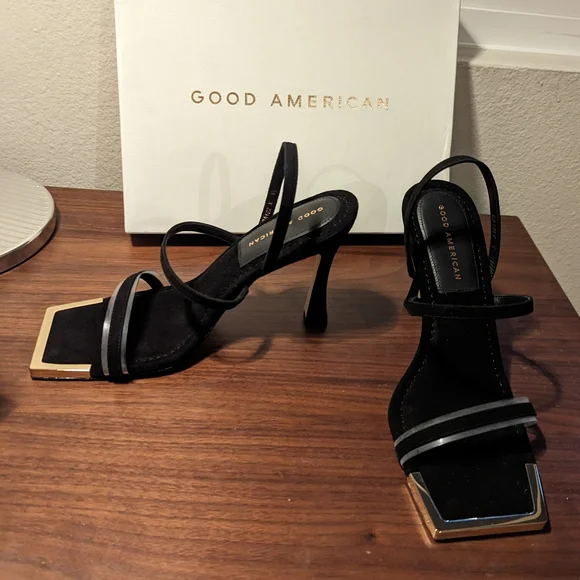 NWT & Box Sz 8.5 good American black suade sandal heels, square toe gold… - Picture 5 of 7